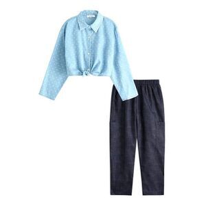 Blue & White Dot Tie-Front Button-Up & Denim Pants Set L (10/12)